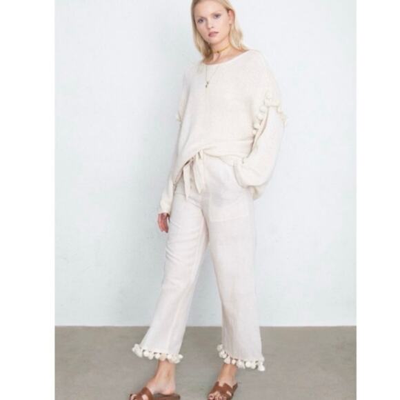 Chan Luu 100% Linen Tassel Tie Belted Cream Pink Lightweight Crop Pants, Small - Picture 1 of 14